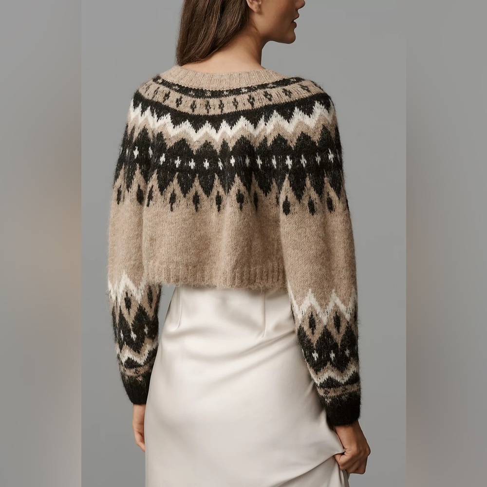 Anthropologie Fair Isle Cropped Cardigan Brown Motif One Size - Picture 2 of 4